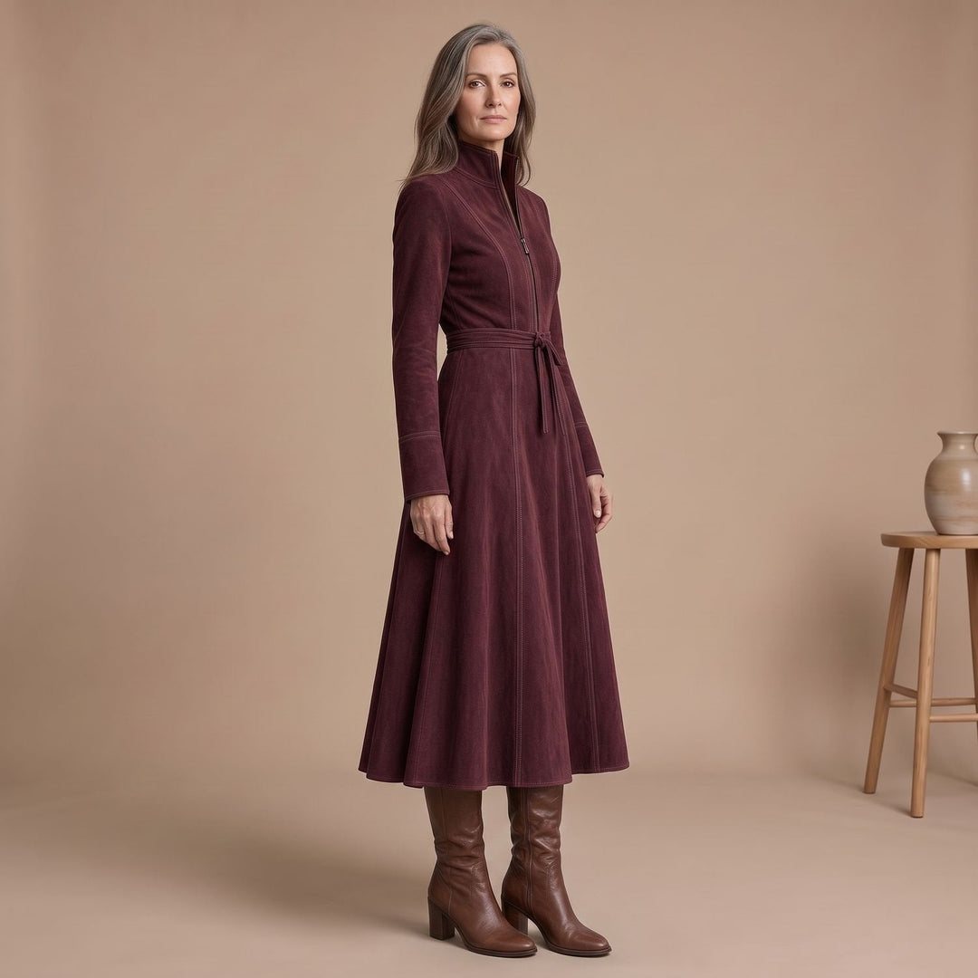 Emma | Women's Elegant A-Line Midi Dress with Stand Collar, Belt, and Zipper