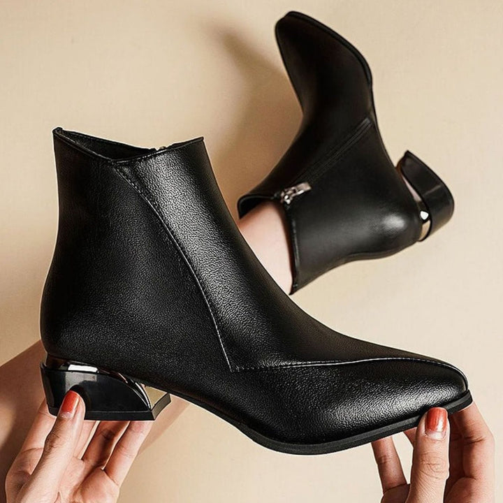 Anna | Women's Elegant Pointed Toe Ankle Boots with Metallic Heel and Zipper