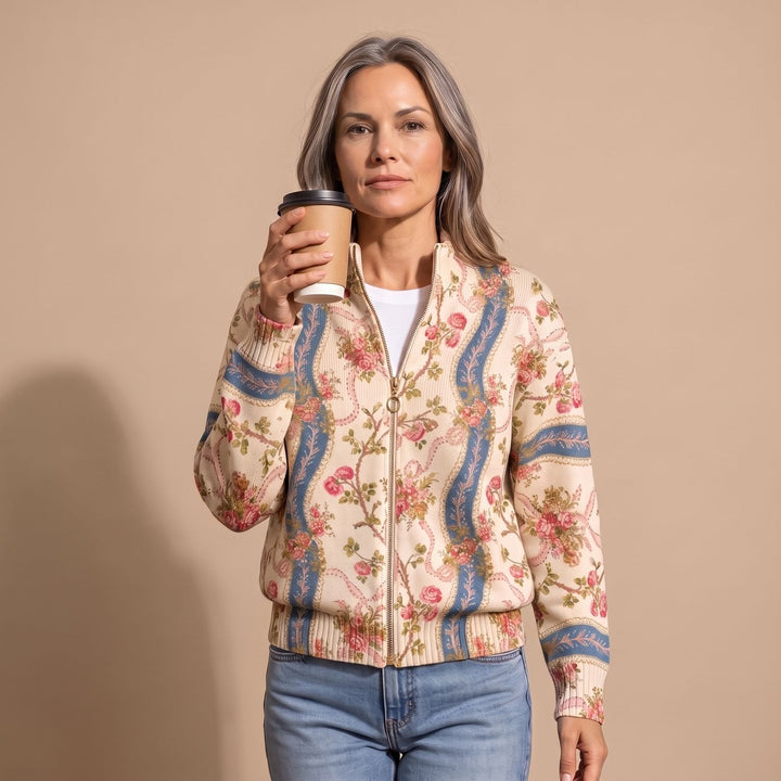 Nora | Women's Floral Knitted Jacket with Zipper and Gold Zipper Pull