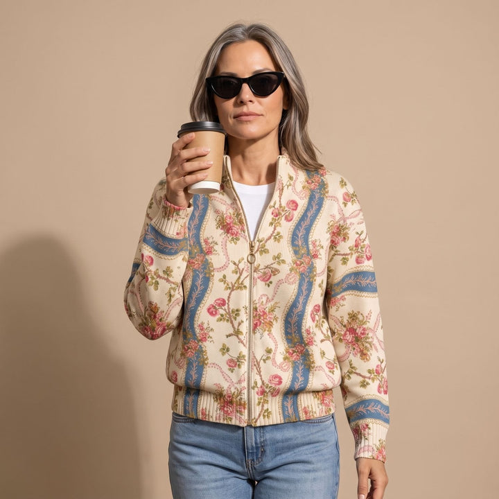 Nora | Women's Floral Knitted Jacket with Zipper and Gold Zipper Pull