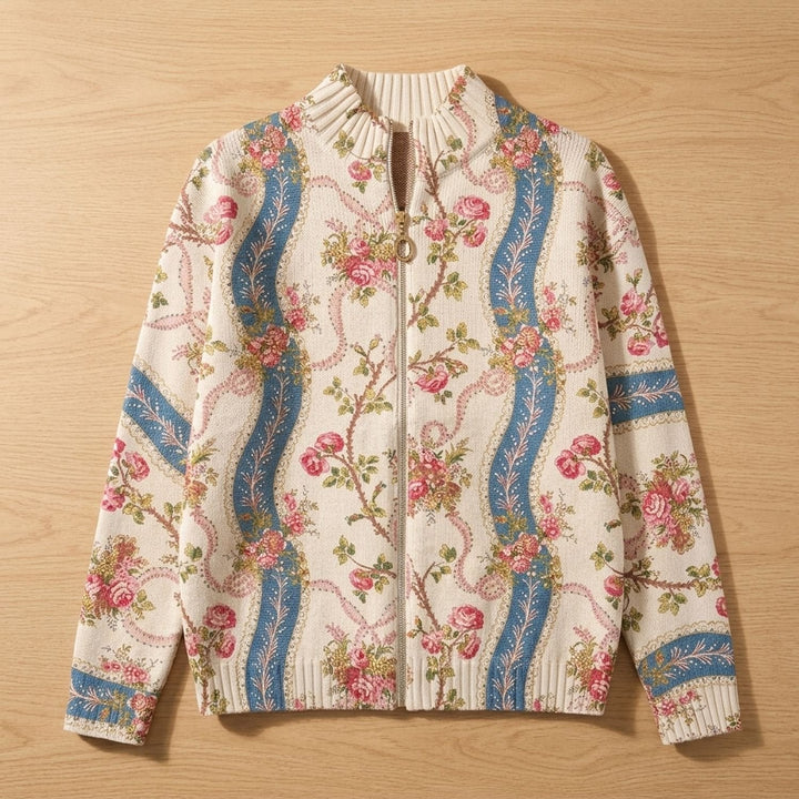 Nora | Women's Floral Knitted Jacket with Zipper and Gold Zipper Pull