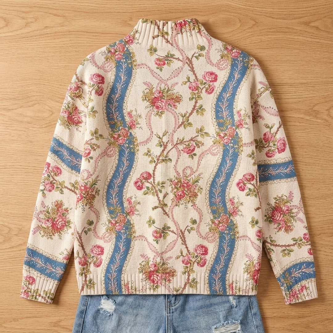 Nora | Women's Floral Knitted Jacket with Zipper and Gold Zipper Pull