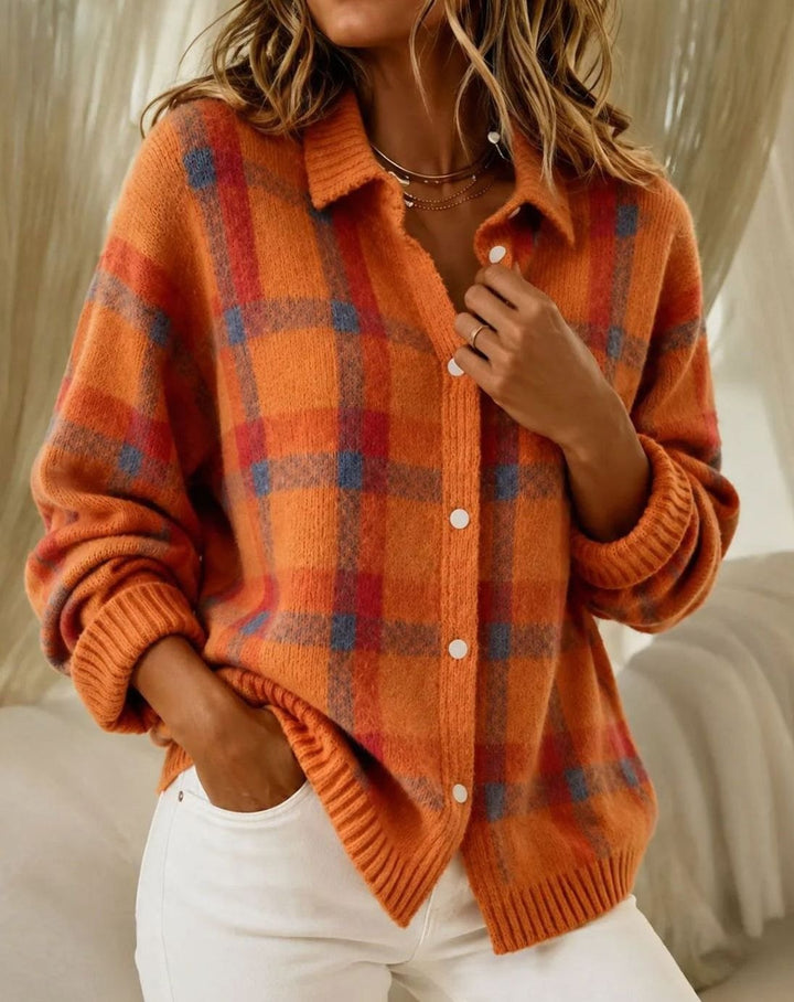 Anna | Women's Knitted Sweater with Check Pattern Button Closure Long Sleeves