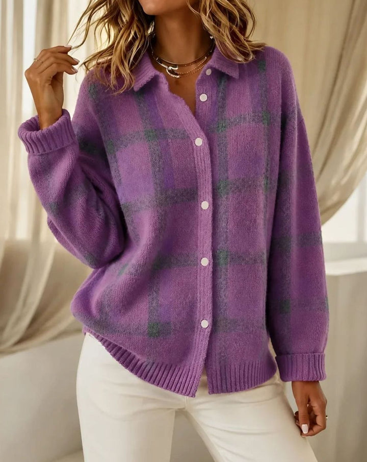 Anna | Women's Knitted Sweater with Check Pattern Button Closure Long Sleeves