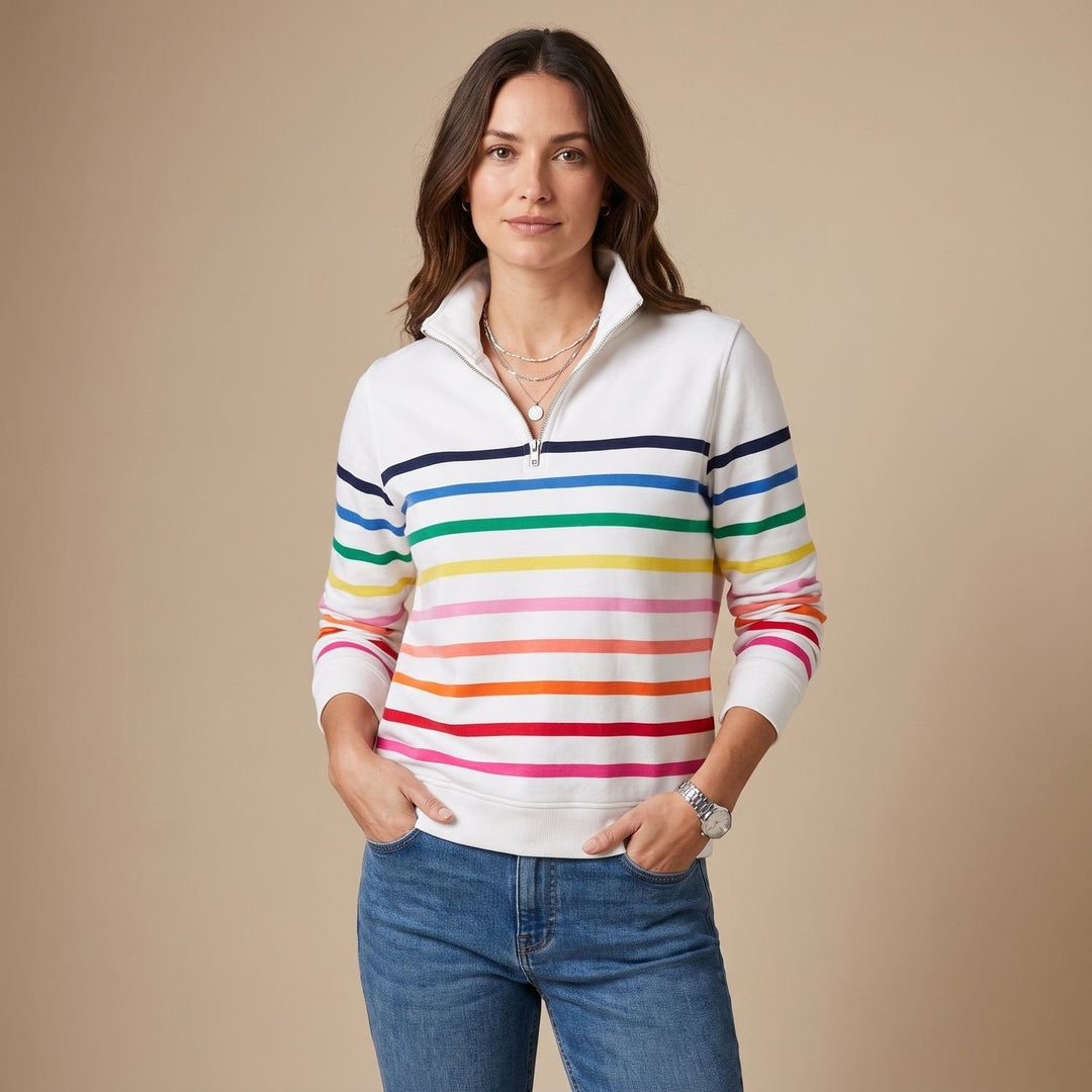 Olivia | Women's Colored Striped Sweater with Quarter Zip and Stand-Up Collar