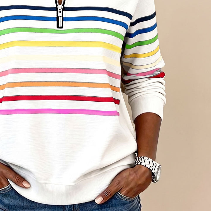 Olivia | Women's Colored Striped Sweater with Quarter Zip and Stand-Up Collar