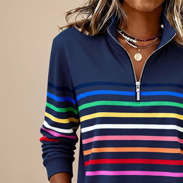 Olivia | Women's Colored Striped Sweater with Quarter Zip and Stand-Up Collar
