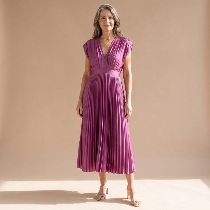 Mila | Women's Pleated Party Dress with Deep V-Neck and Zipper
