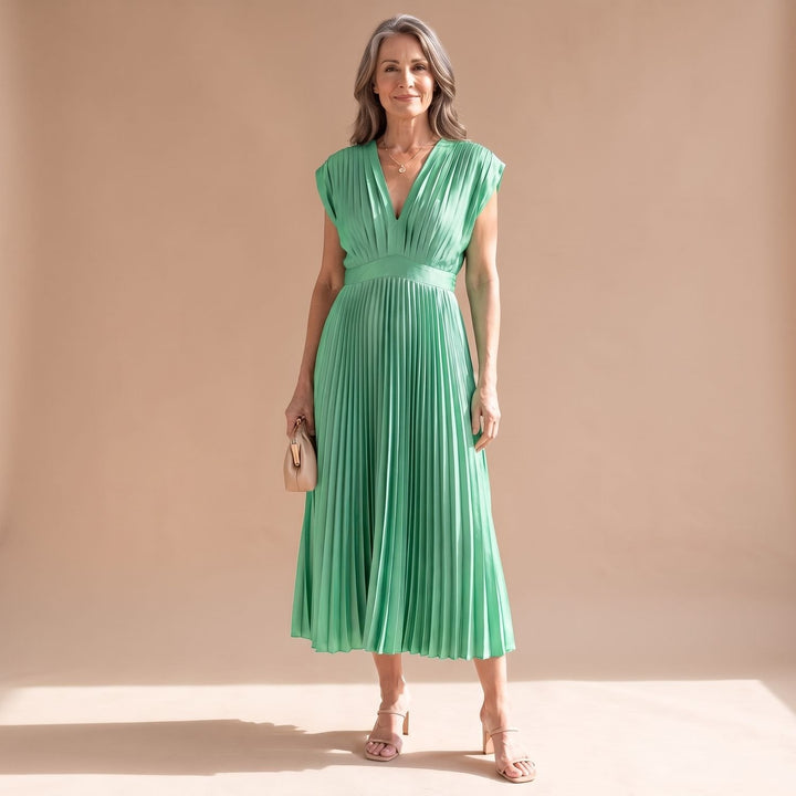 Mila | Women's Pleated Party Dress with Deep V-Neck and Zipper