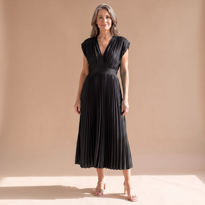 Mila | Women's Pleated Party Dress with Deep V-Neck and Zipper