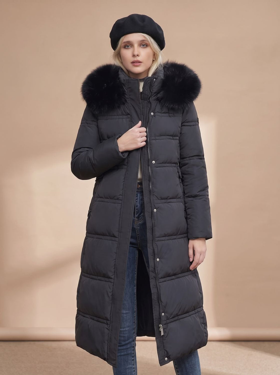 Yara | Women's Quilted Longline Winter Coat with Faux Fur Collar