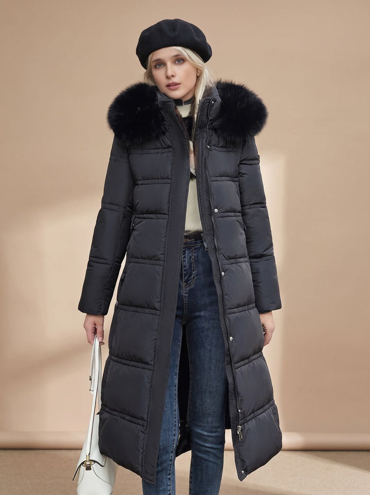 Yara | Women's Quilted Longline Winter Coat with Faux Fur Collar