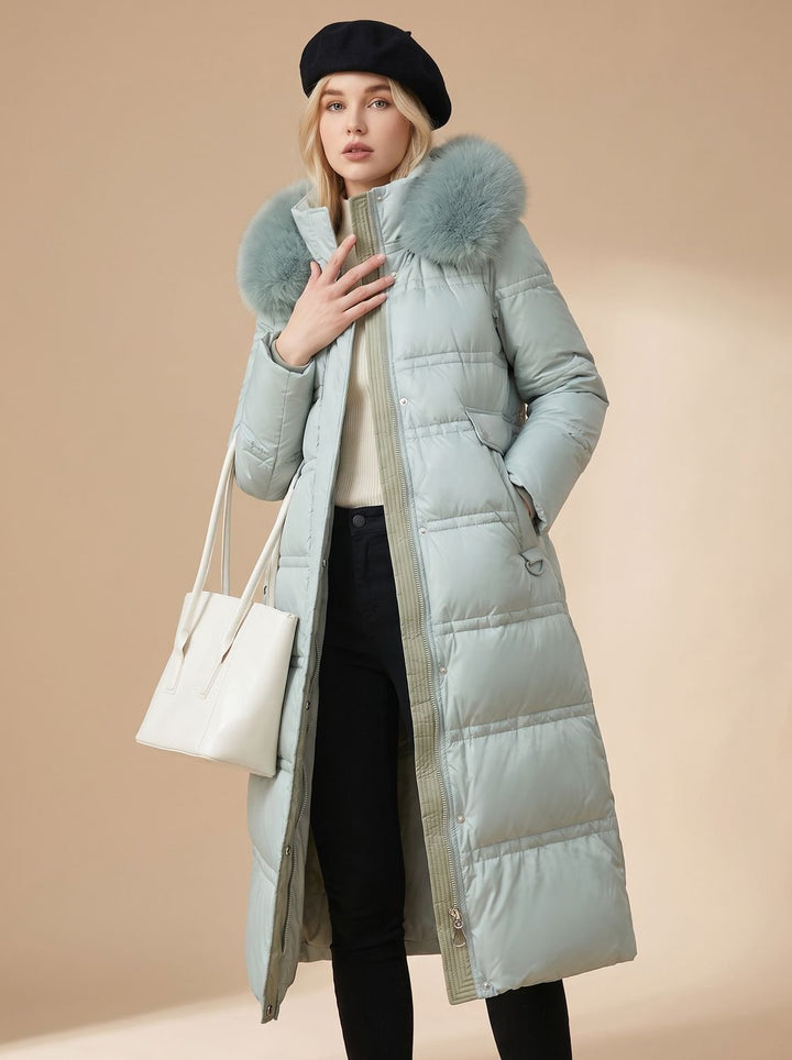 Yara | Women's Quilted Longline Winter Coat with Faux Fur Collar