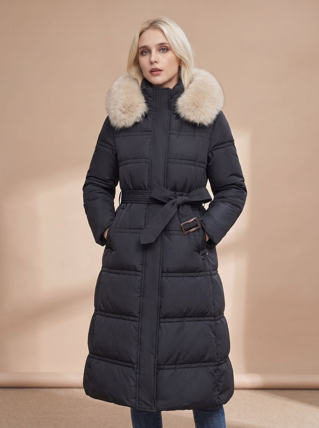 Yara | Women's Quilted Longline Winter Coat with Faux Fur Collar
