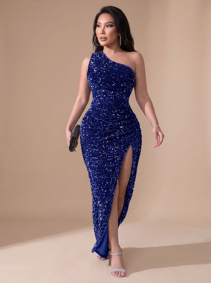 Anna | Women's Glitter Party Dress One Shoulder Maxi Dress with High Split