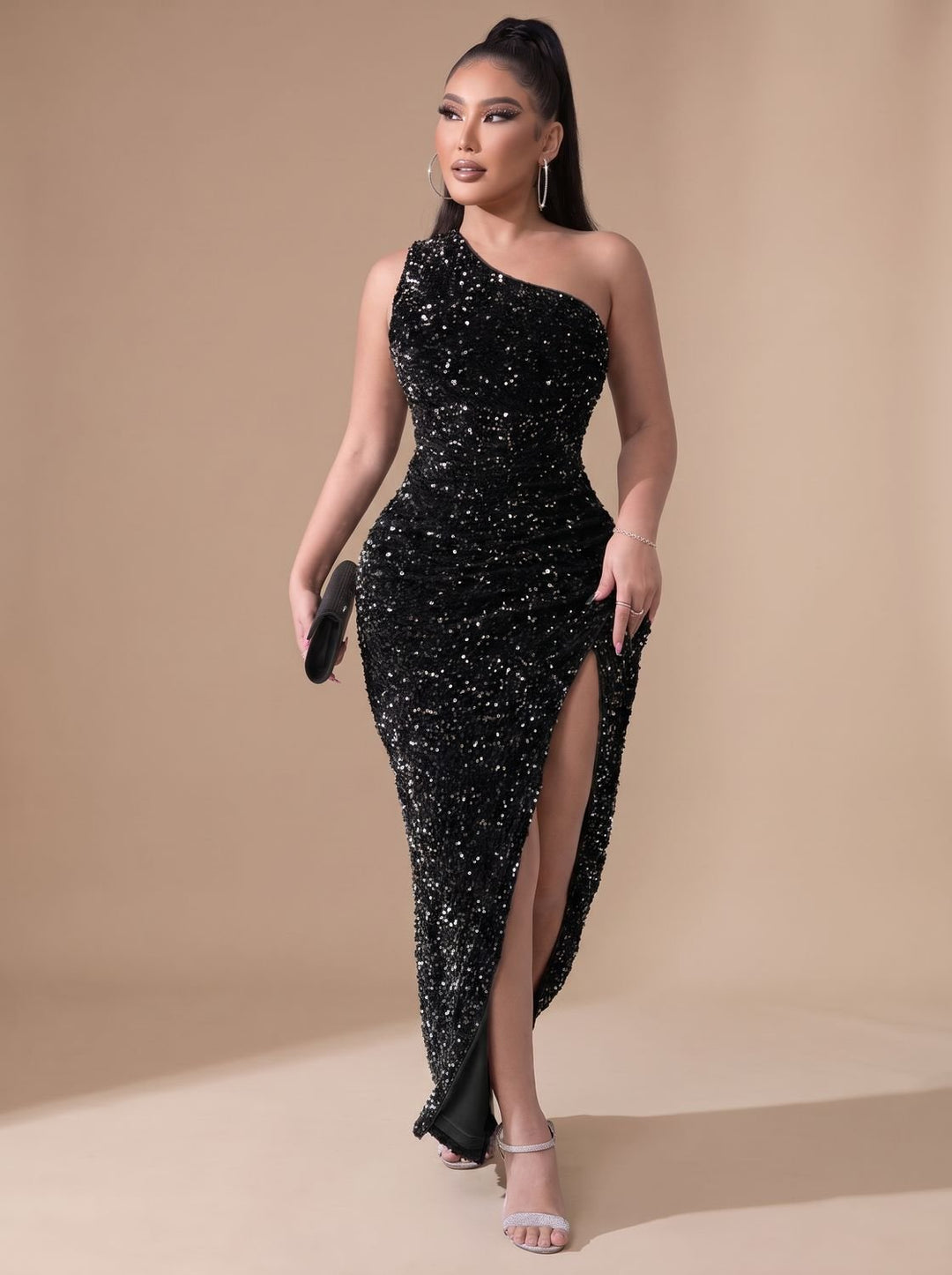 Anna | Women's Glitter Party Dress One Shoulder Maxi Dress with High Split