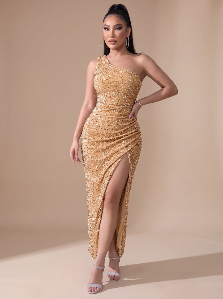 Anna | Women's Glitter Party Dress One Shoulder Maxi Dress with High Split
