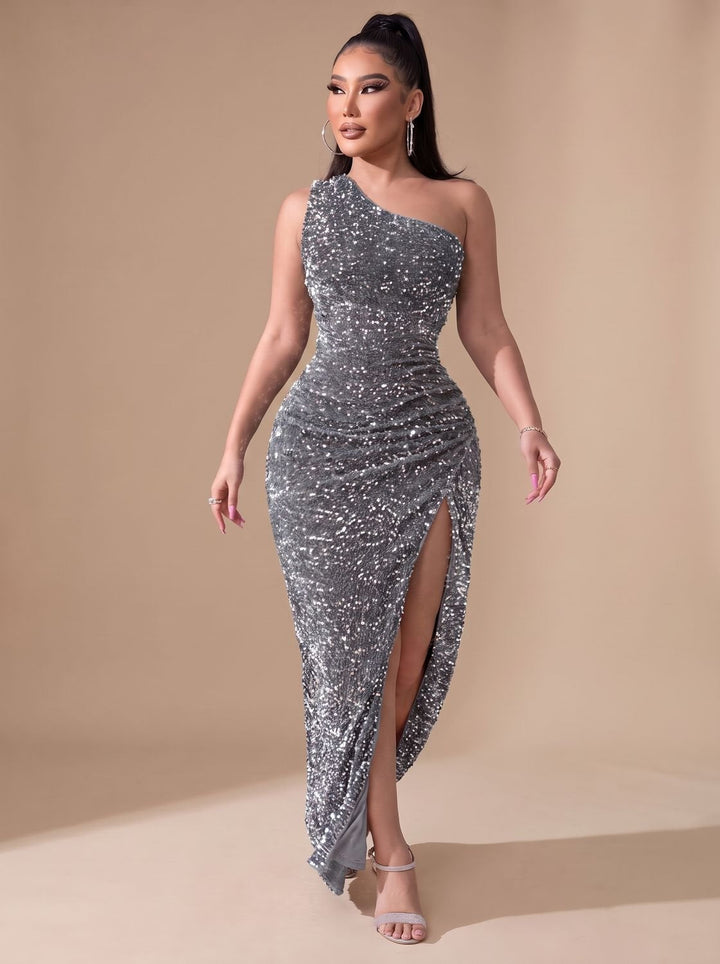 Anna | Women's Glitter Party Dress One Shoulder Maxi Dress with High Split