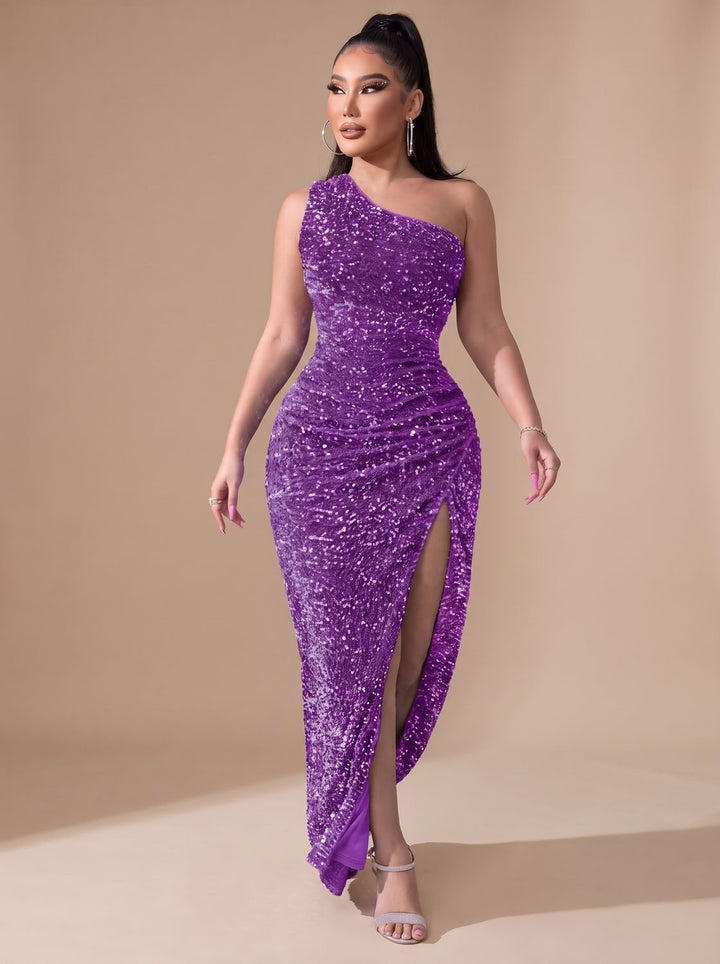 Anna | Women's Glitter Party Dress One Shoulder Maxi Dress with High Split