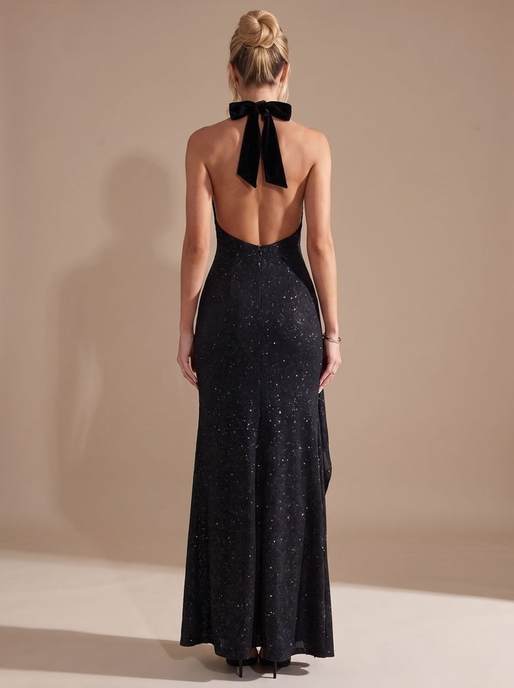 Nora | Women's Glitter Halter Maxi Party Dress Open Back High Neck