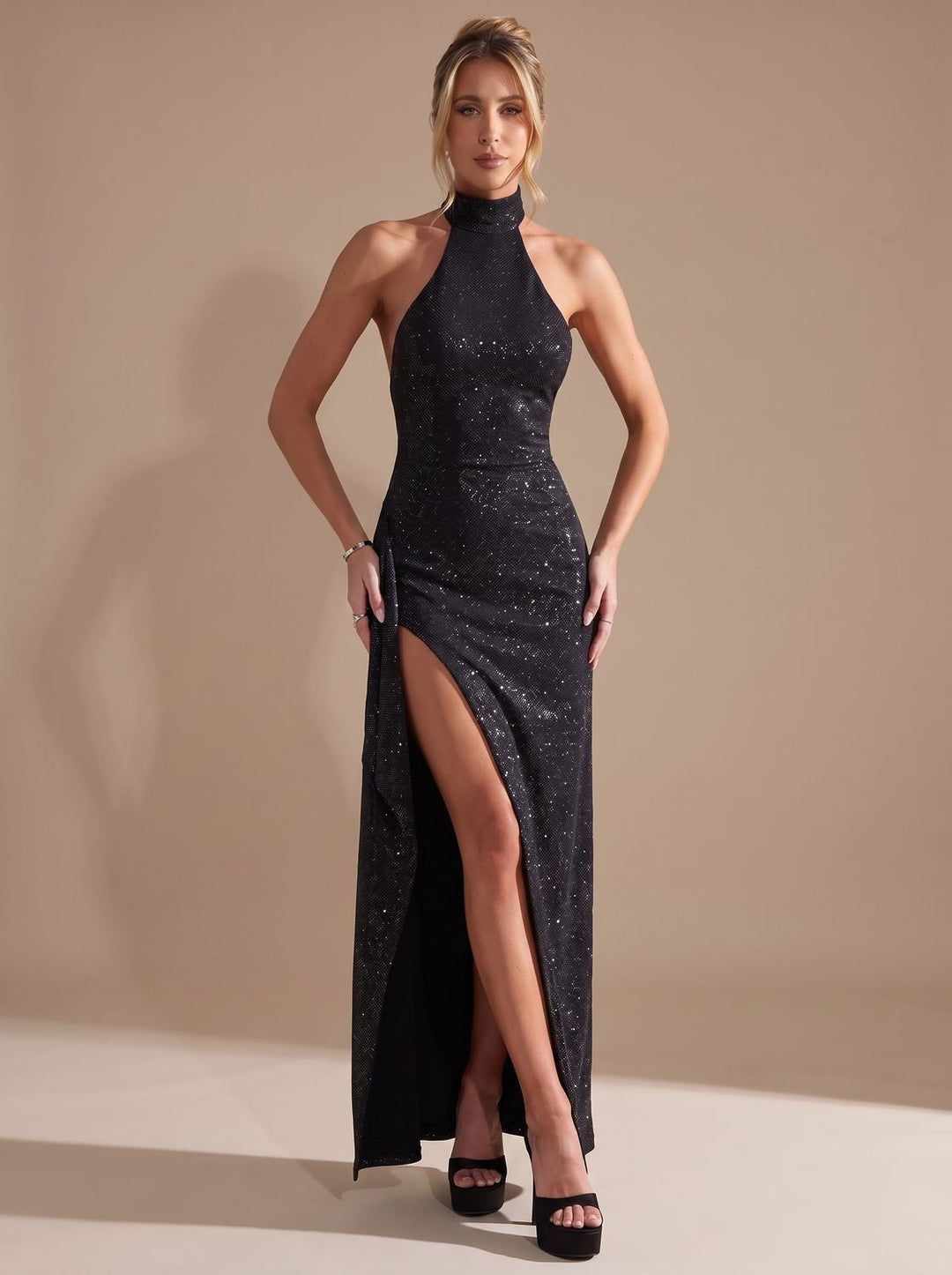 Nora | Women's Glitter Halter Maxi Party Dress Open Back High Neck