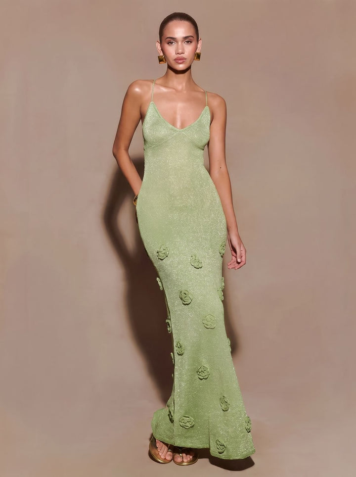 Lisa | Women's Glitter Maxi Party Dress with 3D Rose Appliqués and Spaghetti Straps