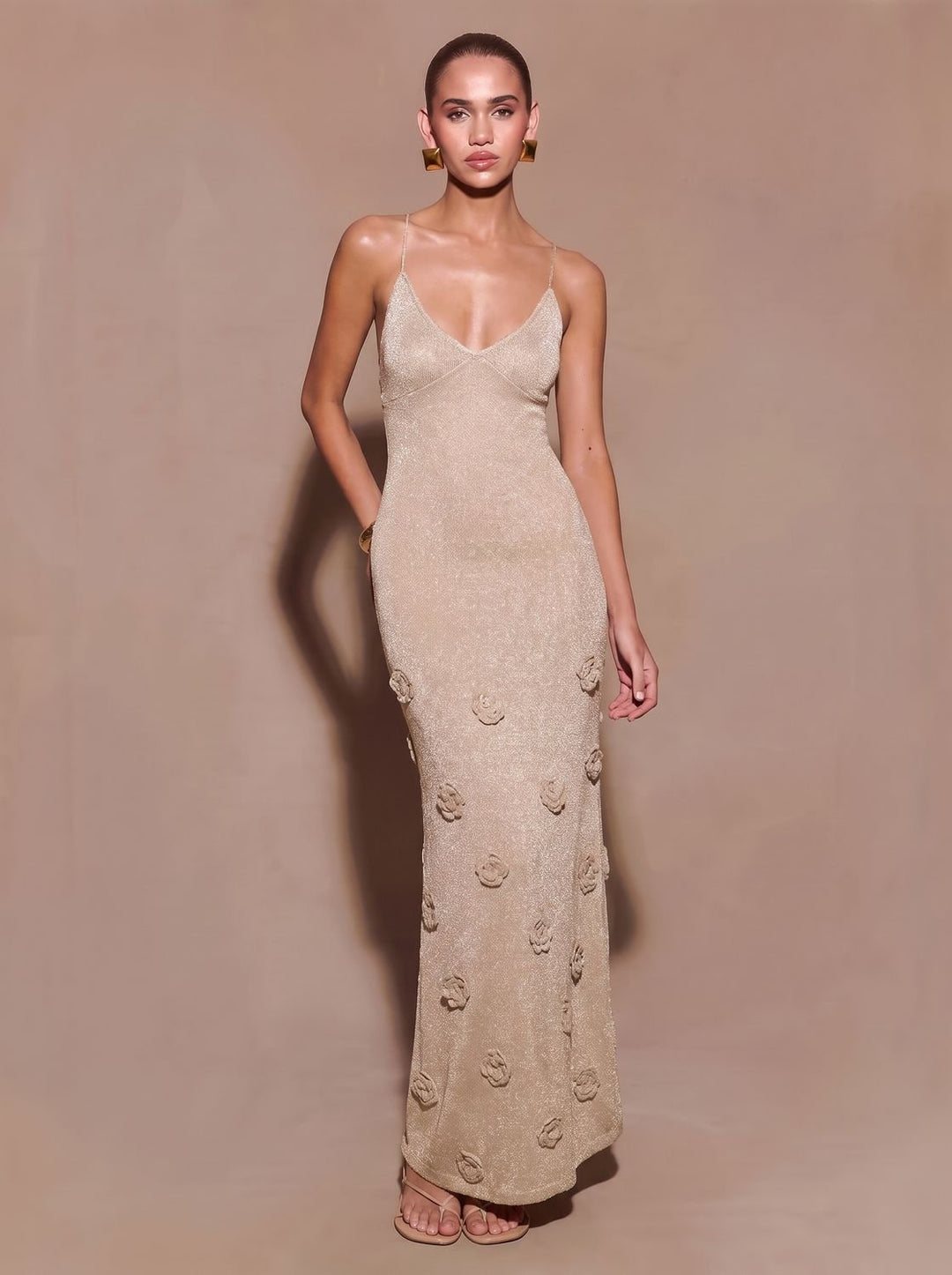 Lisa | Women's Glitter Maxi Party Dress with 3D Rose Appliqués and Spaghetti Straps
