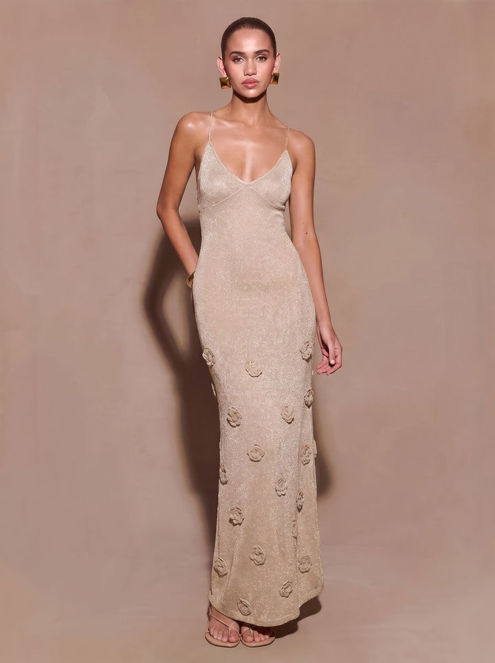 Lisa | Women's Glitter Maxi Party Dress with 3D Rose Appliqués and Spaghetti Straps