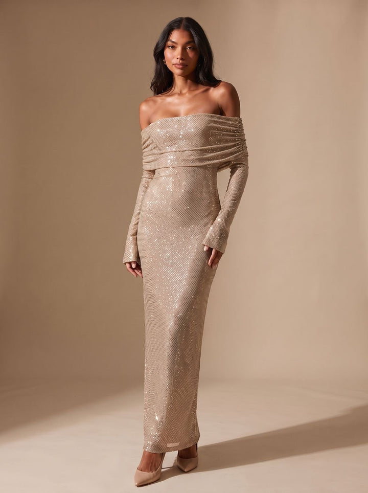 Lieke | Women's Glitter Maxi Party Dress Off-Shoulder Long Sleeve