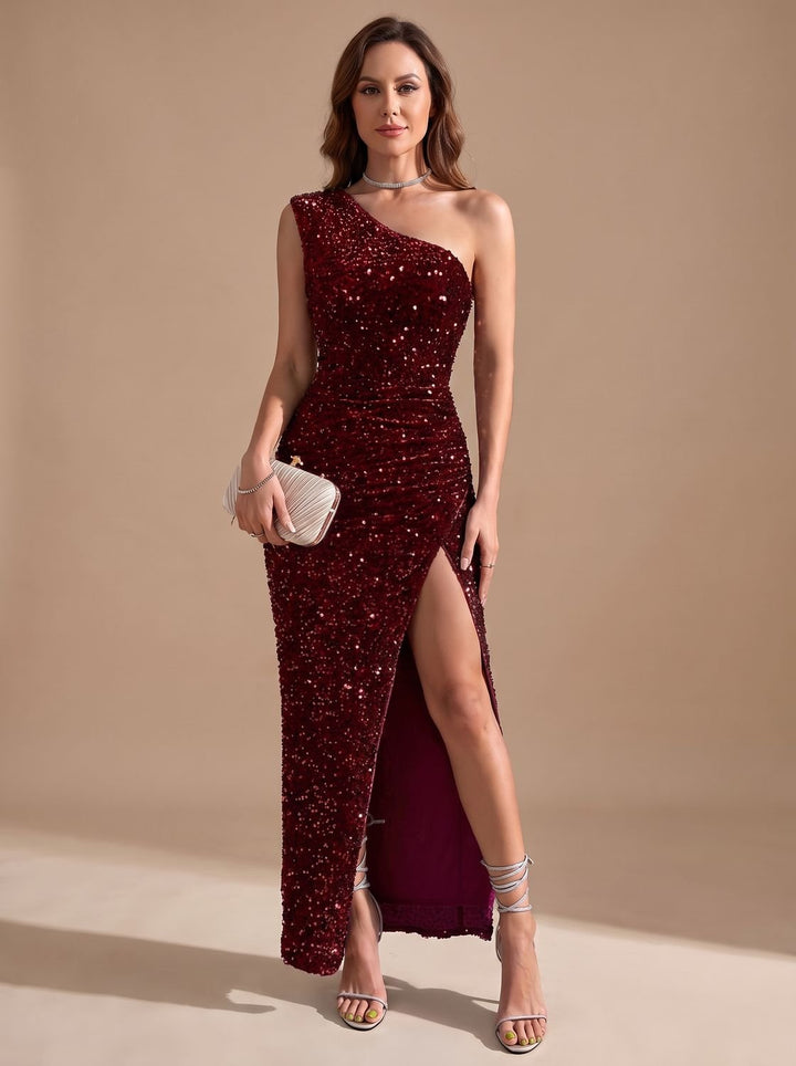 Anna | Women's Glitter One-Shoulder Maxi Evening Dress with Split
