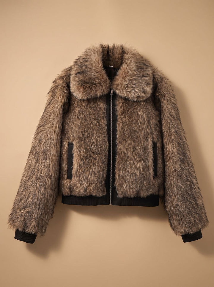 Sophie | Women's Faux Fur Bomber Jacket with Zipper and Ribbed Cuffs