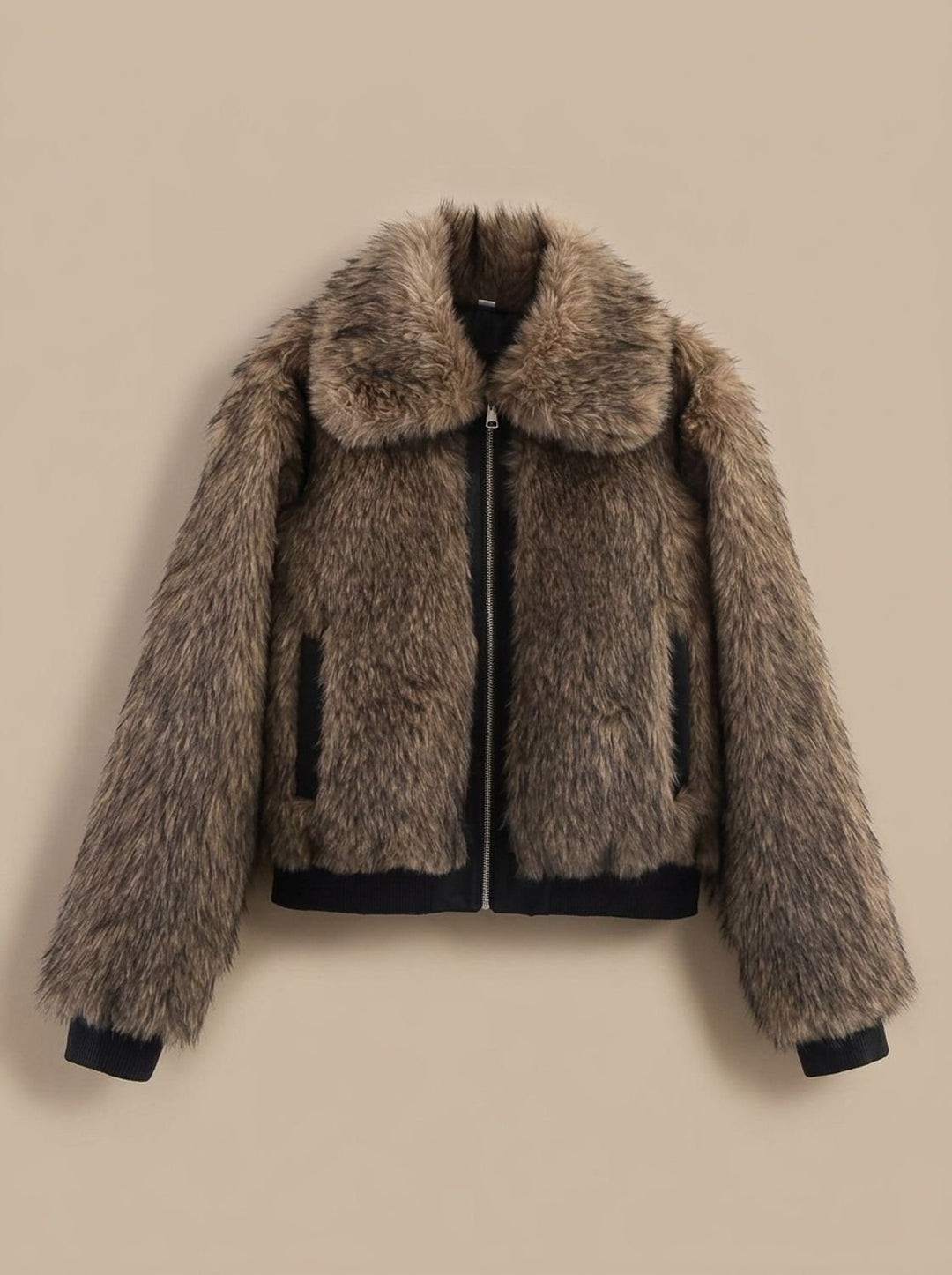 Sophie | Women's Faux Fur Bomber Jacket with Zipper and Ribbed Cuffs