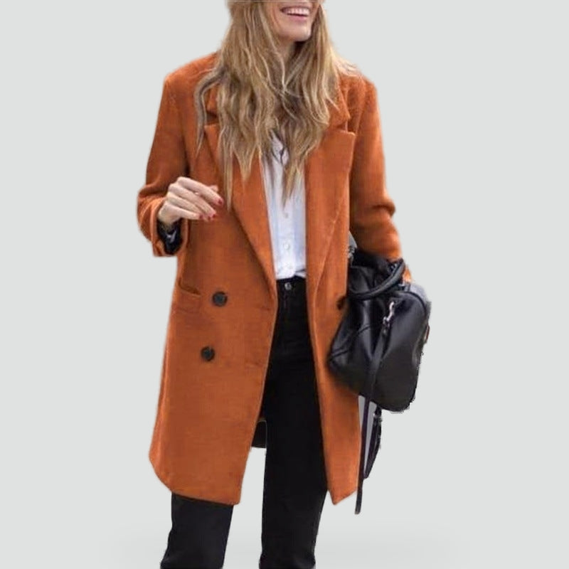 Women's Classic Bouclé Coat with Double-Breasted Buttons and Pockets