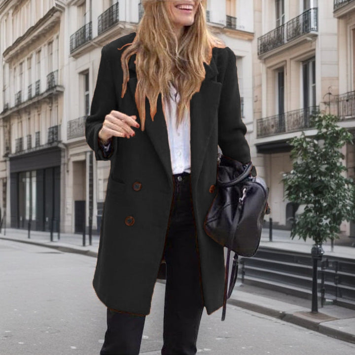 Women's Classic Bouclé Coat with Double-Breasted Buttons and Pockets