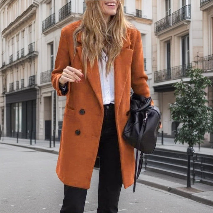 Women's Classic Bouclé Coat with Double-Breasted Buttons and Pockets