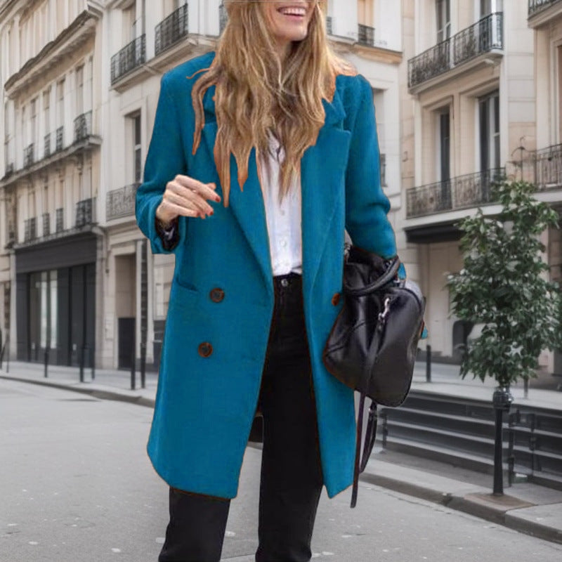 Women's Classic Bouclé Coat with Double-Breasted Buttons and Pockets