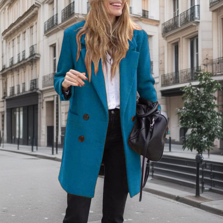 Women's Classic Bouclé Coat with Double-Breasted Buttons and Pockets