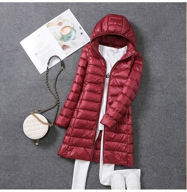 Women's Long Down Jacket with Removable Hood for Winter Days