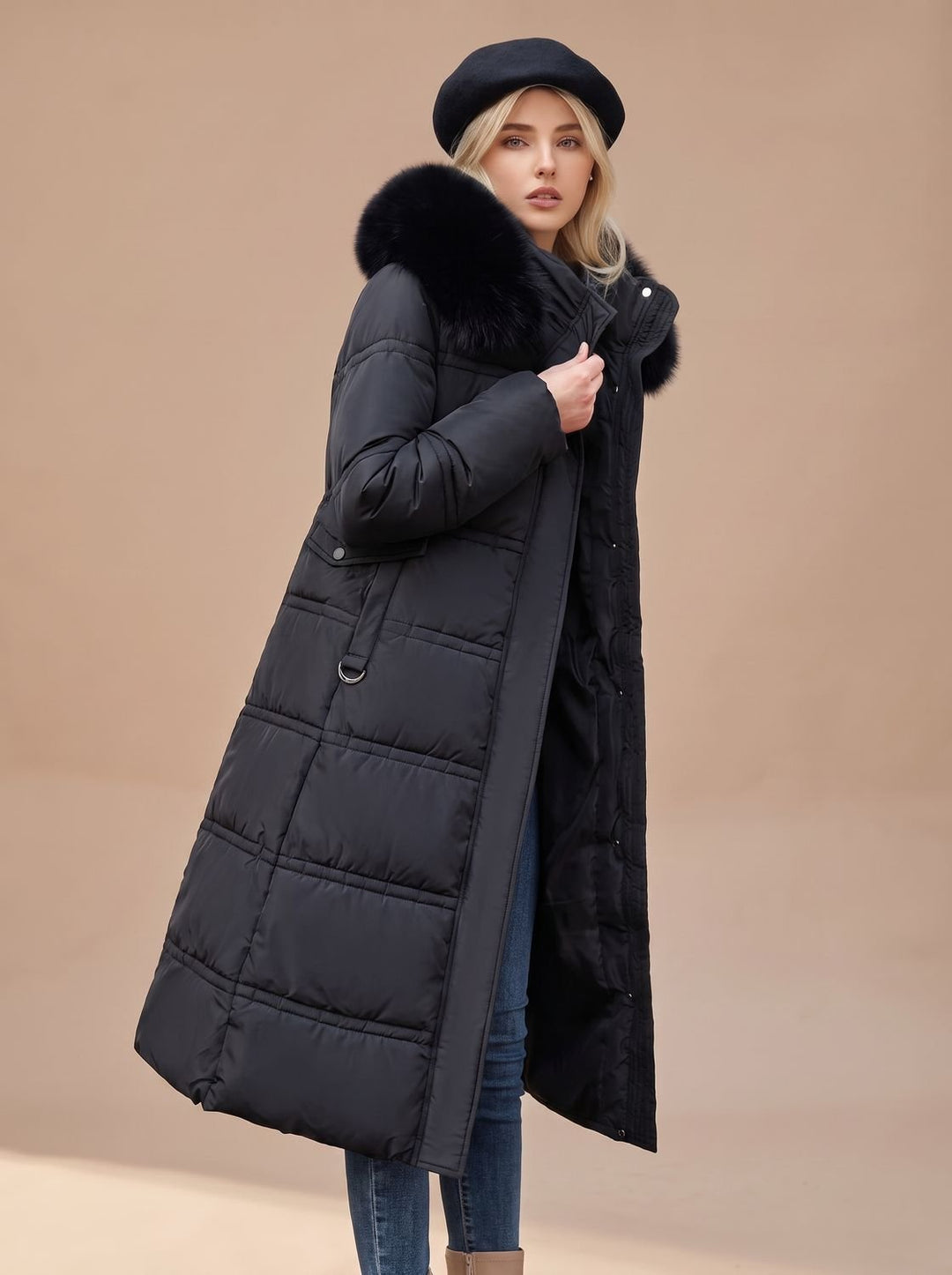 Lisa | Women's Long Quilted Fur Coat Puffer Coat with Fur Collar