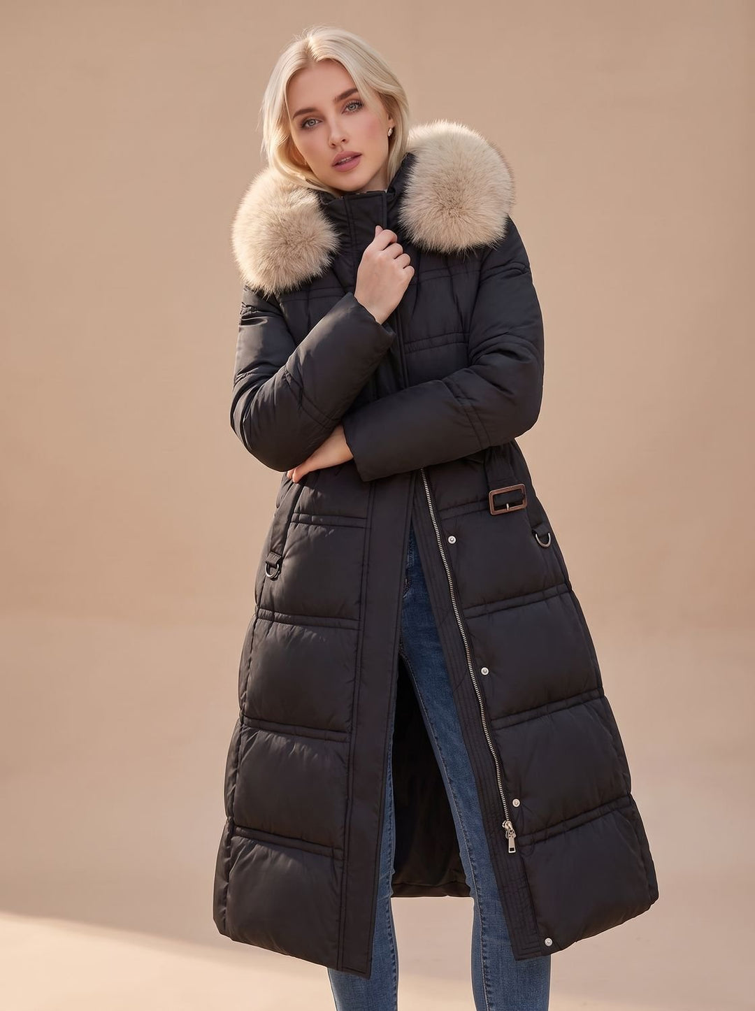 Lisa | Women's Long Quilted Fur Coat Puffer Coat with Fur Collar