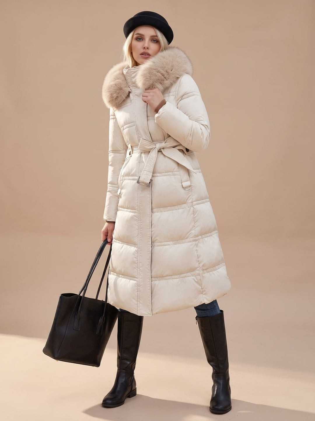 Lisa | Women's Long Quilted Fur Coat Puffer Coat with Fur Collar