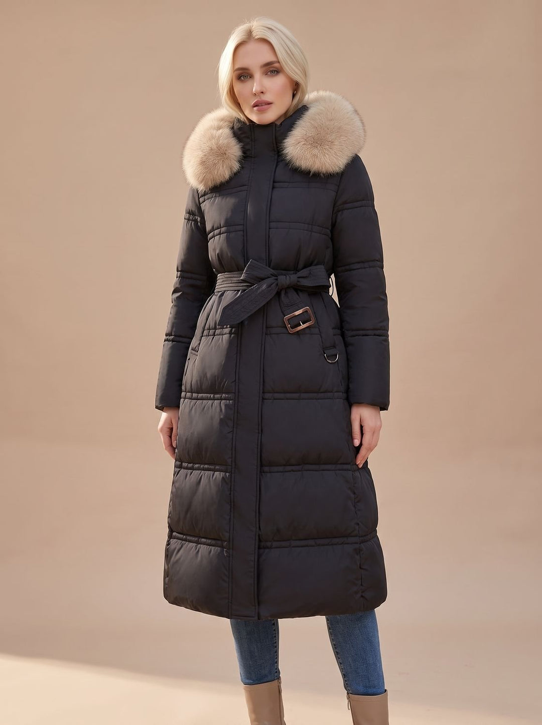Lisa | Women's Long Quilted Fur Coat Puffer Coat with Fur Collar