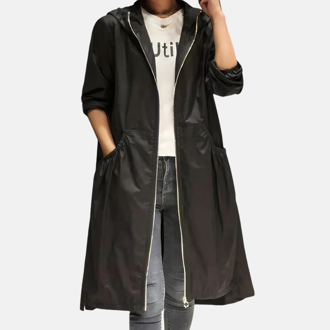 Ladies' Long Raincoat with Hood and Waterproof Features