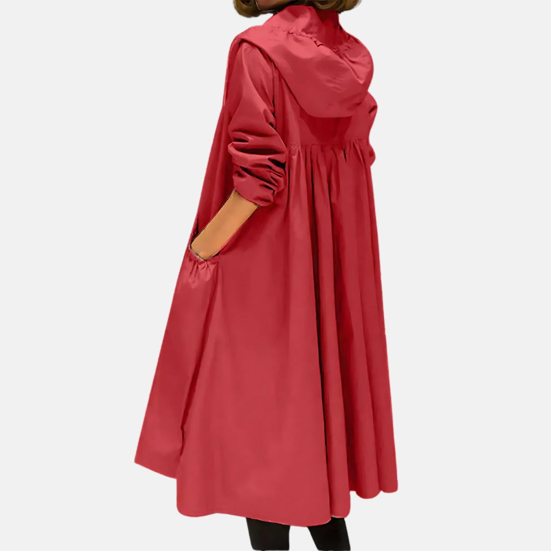 Ladies' Long Raincoat with Hood and Waterproof Features