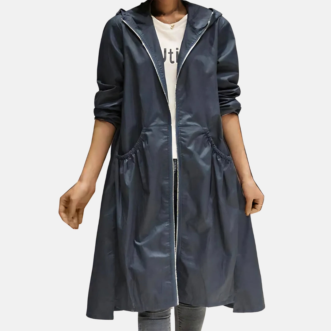 Ladies' Long Raincoat with Hood and Waterproof Features