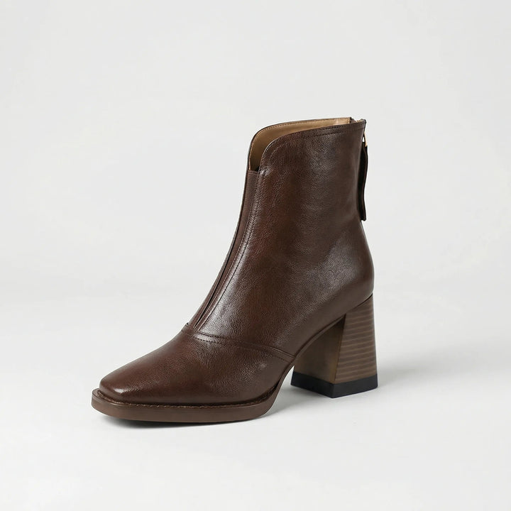 Leather Ankle Boots for Women Block Heel Zipper Back