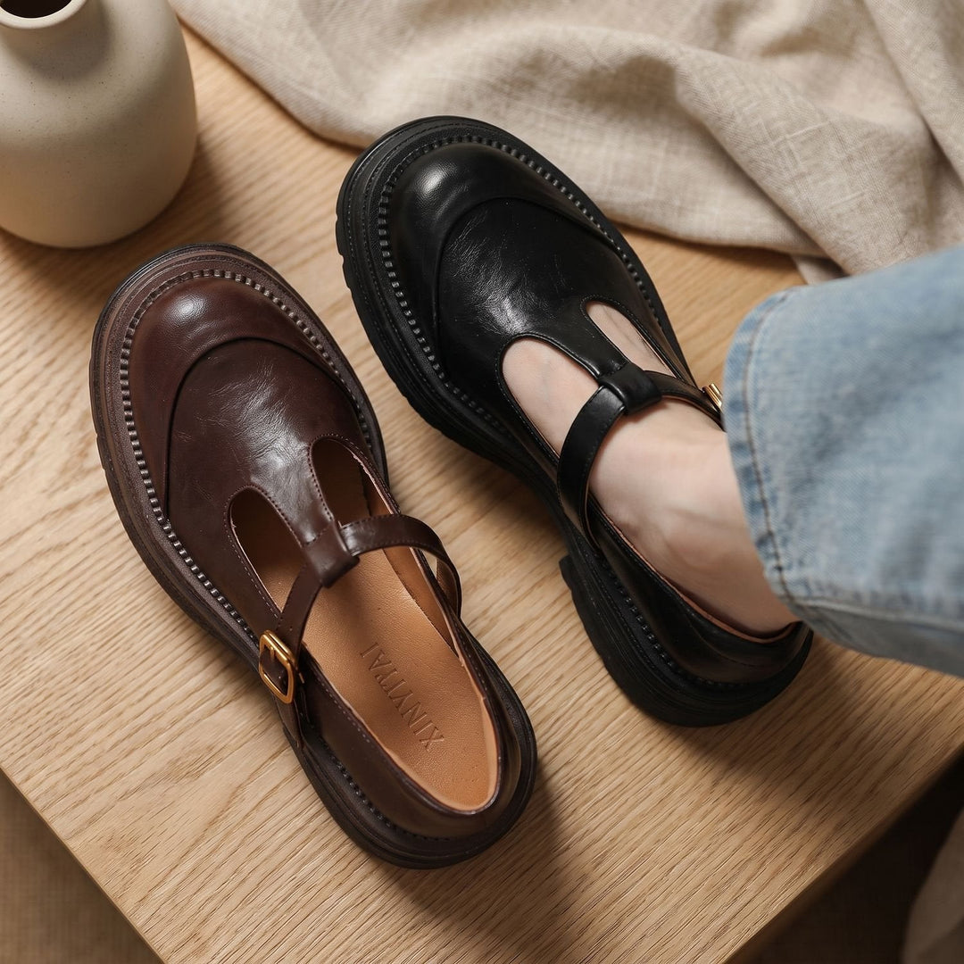 Eva | Women's Leather Mary Jane Shoes with T-Strap and Platform Sole