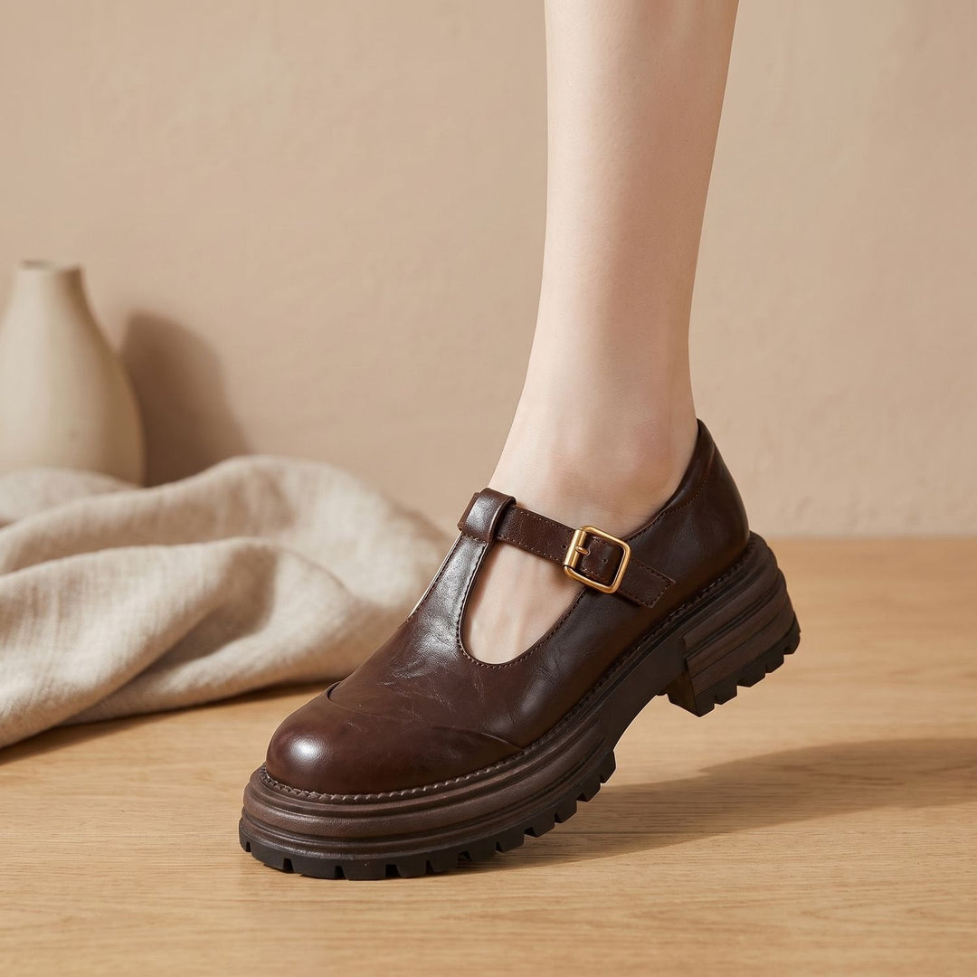 Eva | Women's Leather Mary Jane Shoes with T-Strap and Platform Sole