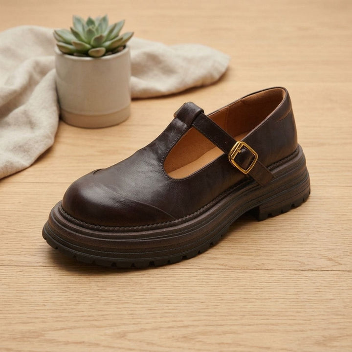 Eva | Women's Leather Mary Jane Shoes with T-Strap and Platform Sole