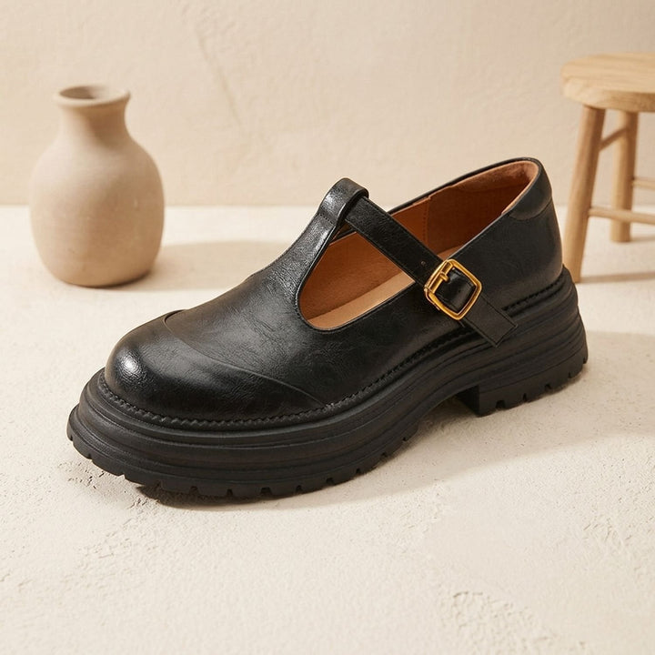 Eva | Women's Leather Mary Jane Shoes with T-Strap and Platform Sole